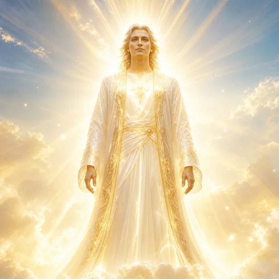 A radiant, wingless archangel of white-gold light standing amid rays of light.