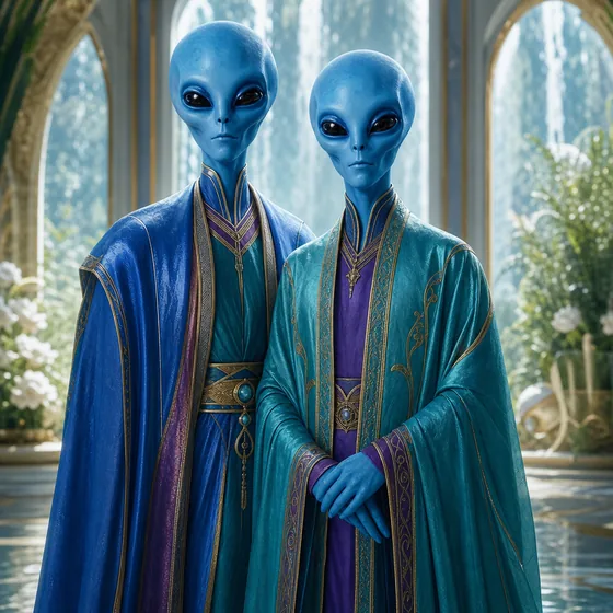 Two blue-skinned Arcturian beings with large dark eyes in ornate jewel-tone robes.