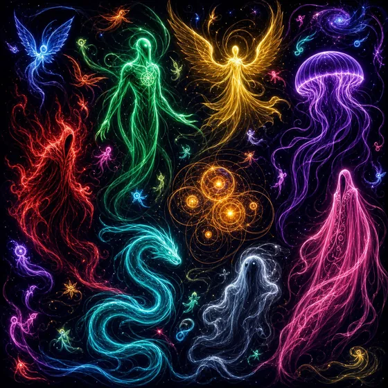 Many glowing entities of different colors and forms drifting through a dark violet astral realm.