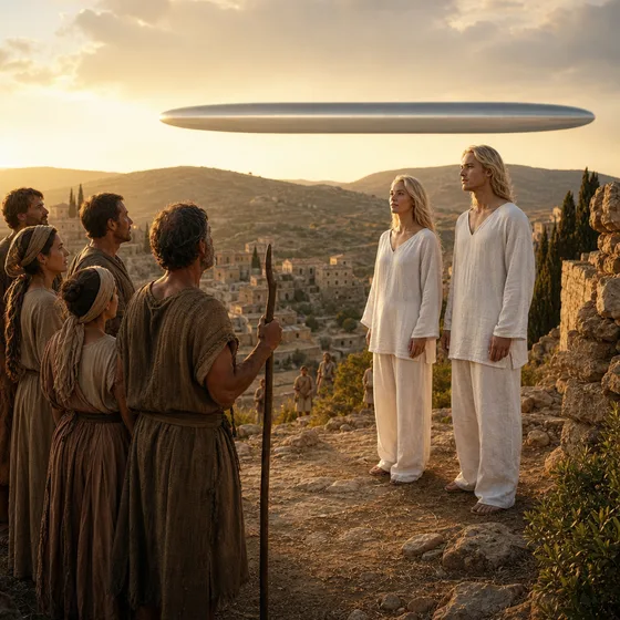 Robed villagers and a shepherd with a staff look up in awe beside two tall blond Pleiadians in loose white tunics as a long cigar-shaped silver craft hovers over a golden-hour Mediterranean hillside.