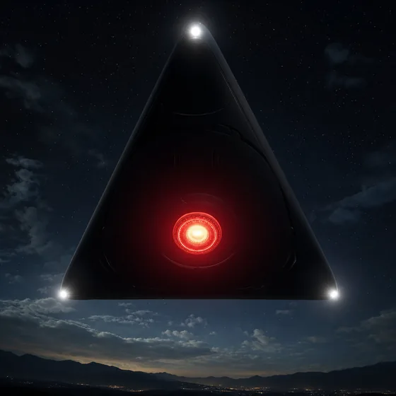 A black Arcturian triangle craft with a glowing red center and white lights on its tips, seen from below at night.