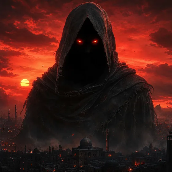 A hooded dark figure with glowing red eyes looming over a city at a red dusk.