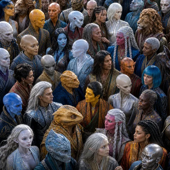 A dense crowd of many different extraterrestrial races in their varied home-world robes and formal wear, filling the frame.