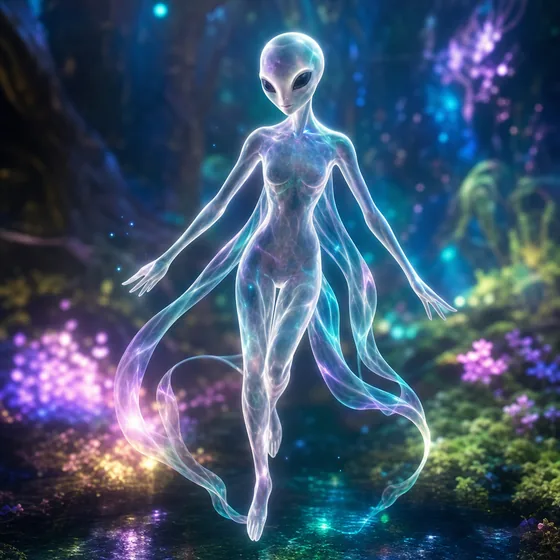 A slender, glowing, translucent fairy being with flowing light appendages hovering in a luminous forest glade.