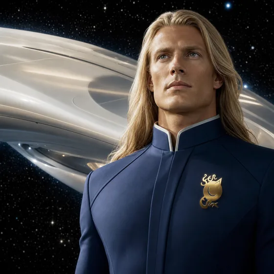 A long-haired blond Pleiadian man in a navy Galactic Federation uniform before a pearl disc starship.