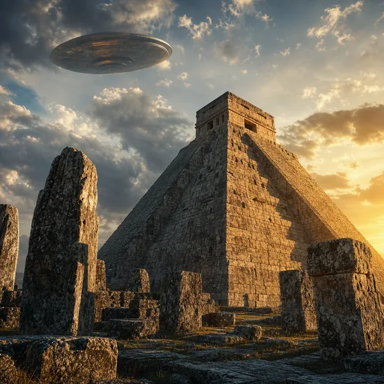 An ancient stepped stone pyramid and megalithic ruins in golden light, with a faint disc craft above.