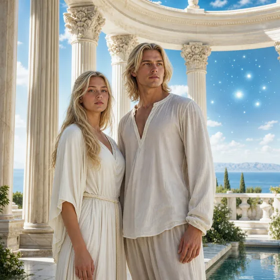 A blond Pleiadian man and woman in loose white tunics in an open-air white marble rotunda.