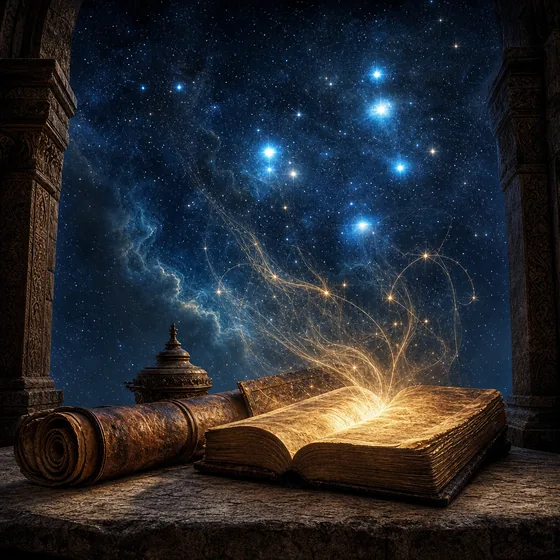 An ancient scroll and open codex sending golden light up to the Pleiades.