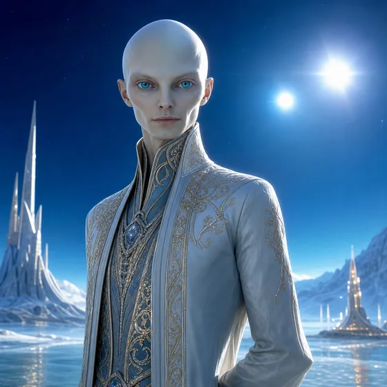 A tall elongated-headed Sirian being in ornate clothing beneath two bright stars.