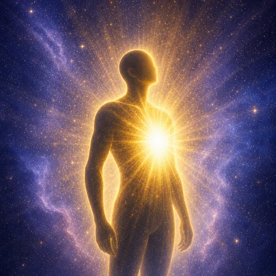 A faceless human figure with golden soul light bursting from the chest against a starry sky.