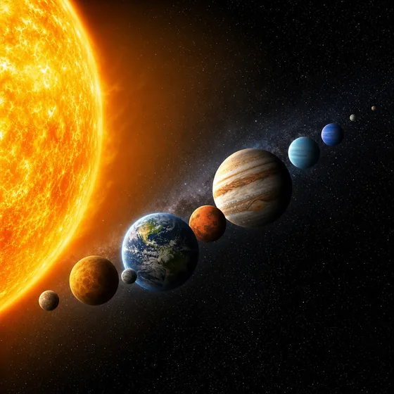 The Sun and planets of our Solar System in space, gateway to everything happening in space.