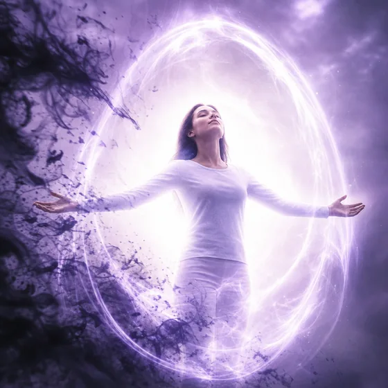 A woman with open arms inside a cocoon of violet and white light as dark wisps dissolve away.