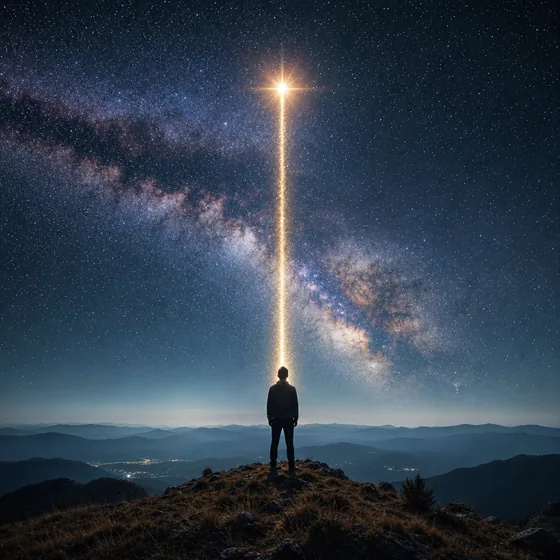 A person on a hilltop under the Milky Way, connected by a line of light to a star.