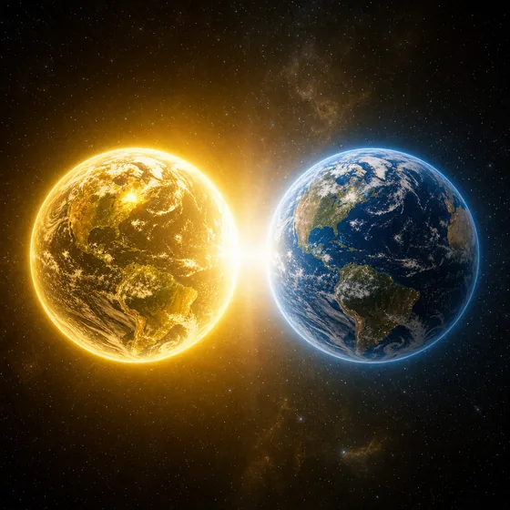Two whole Earths, one radiant golden-white and one blue, side by side in space.