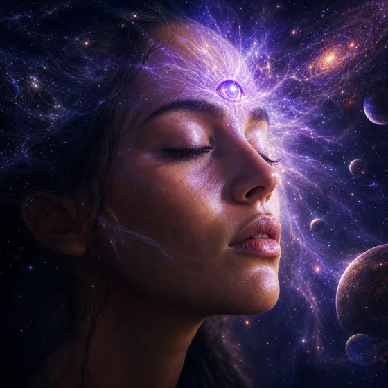 A woman in profile with a glowing violet third eye and visions of stars radiating from her mind.