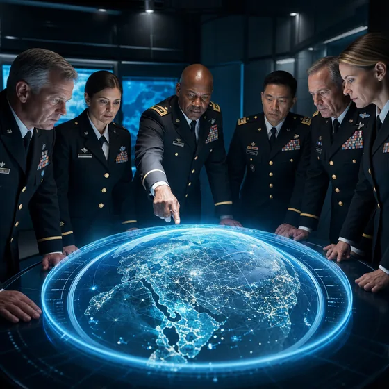 Military officers around a glowing holographic globe in a secure command room.