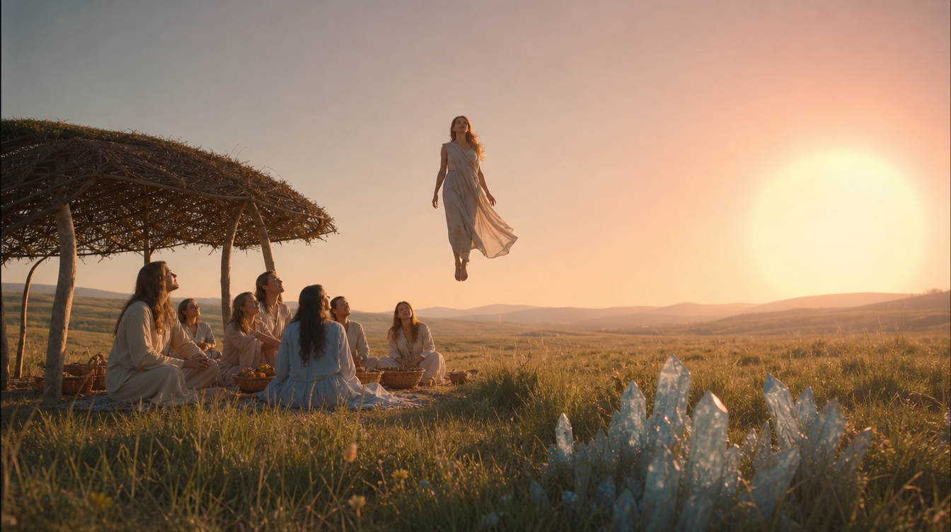 Figure floating in the air above people gathered under a thatched shelter at sunset on Arkee