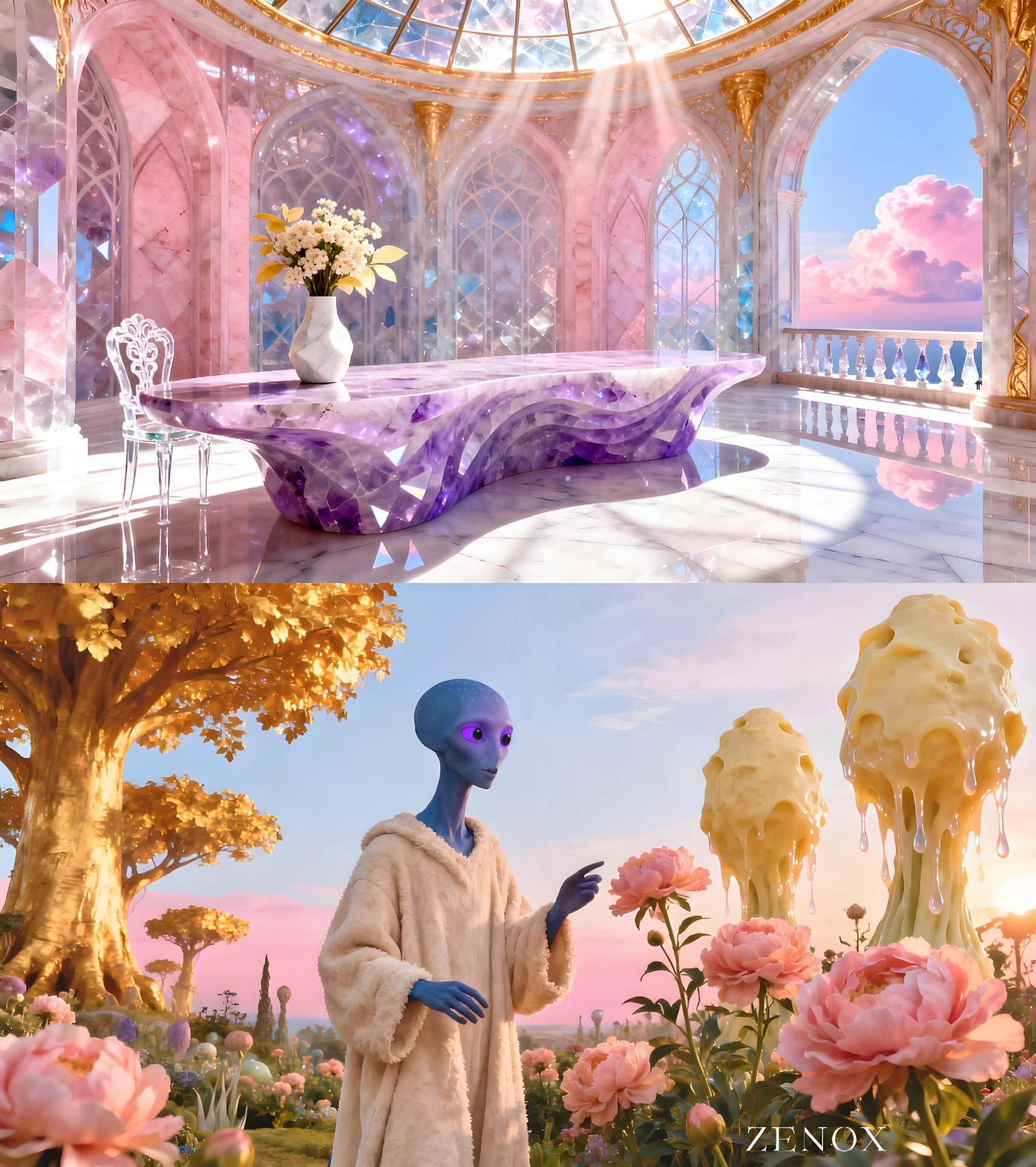 Pink crystal hall above a blue-skinned robed being among giant flowers, the Zenox