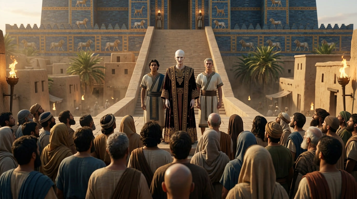 Oppisheklio as a Sirian, about seven feet, ornate robe, humans looking up