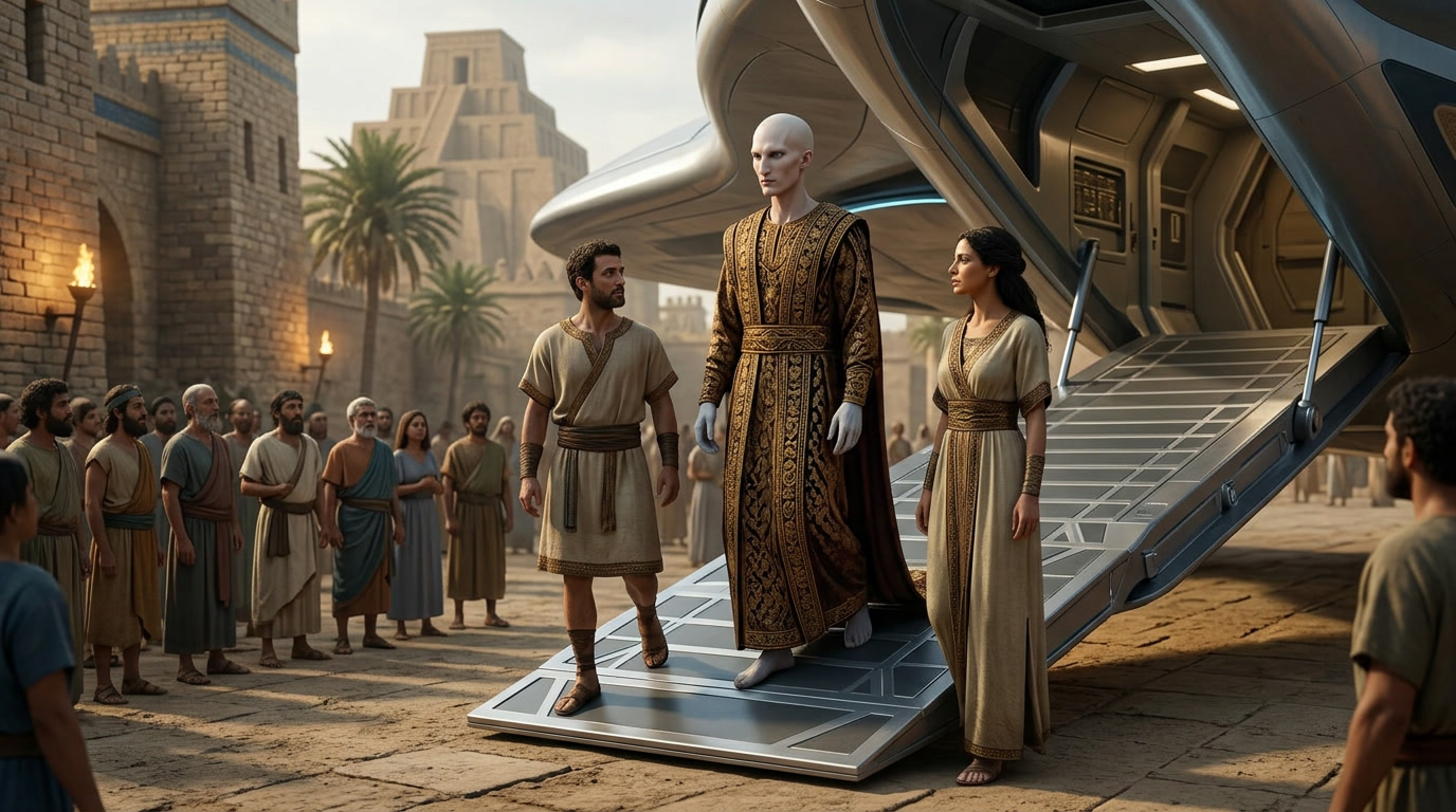 Oppisheklio stepping from a craft onto ancient Earth, about seven feet, not a giant