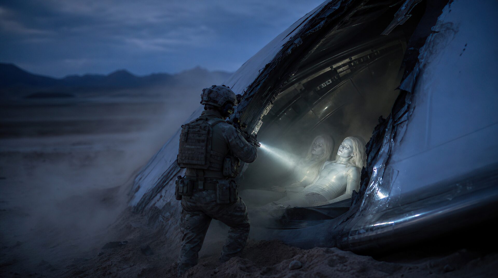 A soldier at a crashed craft, with two still humanoid beings visible inside