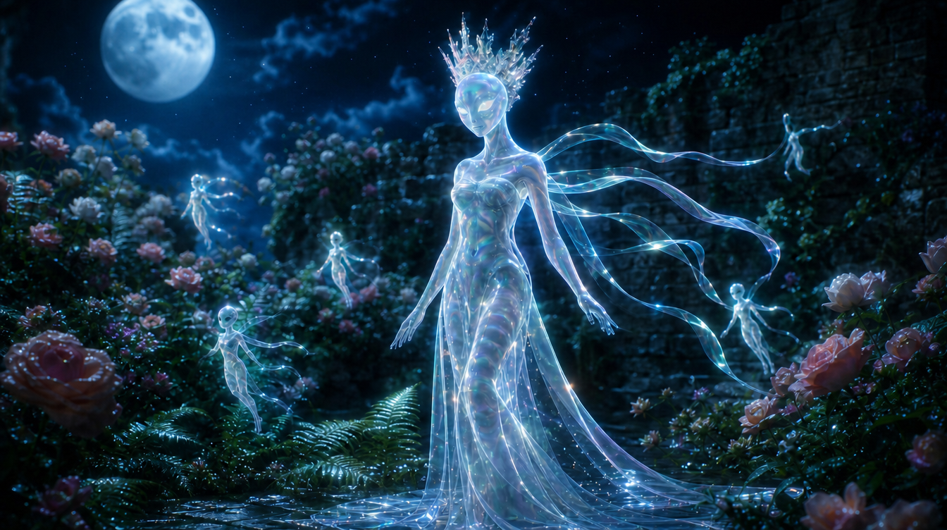 Translucent glowing crowned Fairy Queen with luminous white eyes in a flowing gown of light, standing in a moonlit rose garden among small glowing fairies.