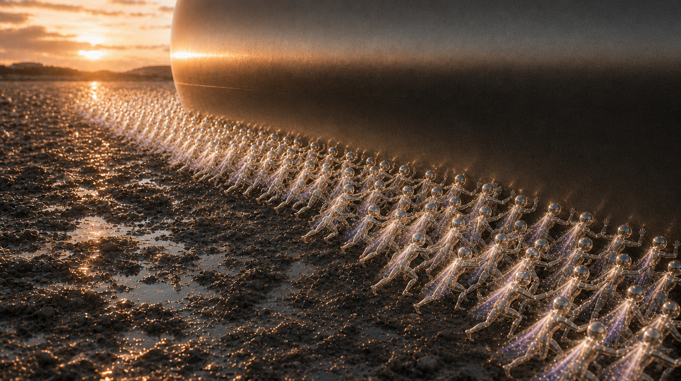 A dense mass of tiny glowing fairies packed along the lower edge of a giant seamless silver craft, pushing it out of wet mud at sunset.