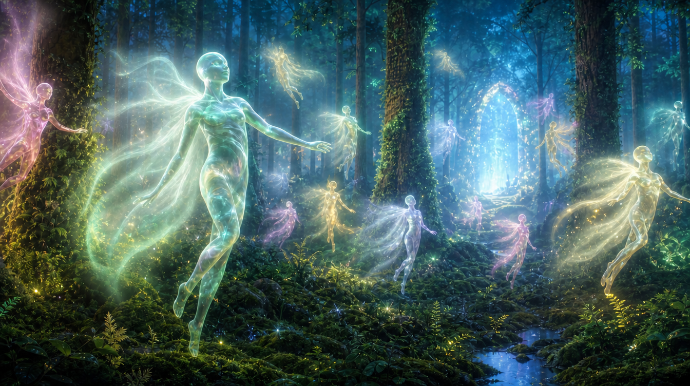 Glowing fairies of many colors drift through a misty forest toward a distant pink and yellow portal.