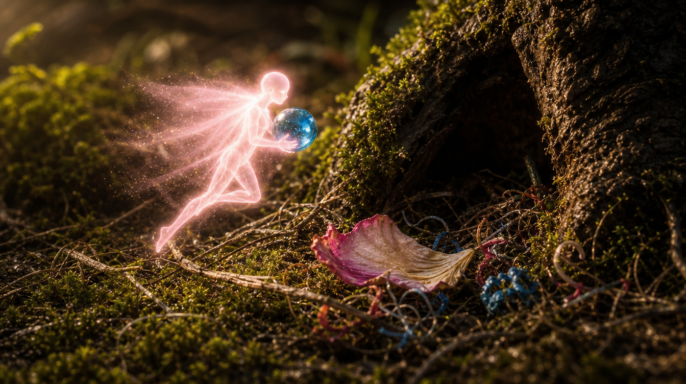 A slender glowing fairy carries a blue glass bead across moss toward a tree hollow, with a petal, thread and twigs nearby.