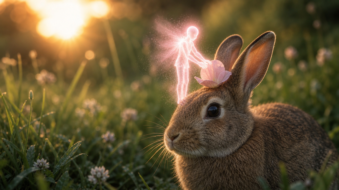 A tiny glowing male fairy perches on a rabbit's head in a sunlit meadow.