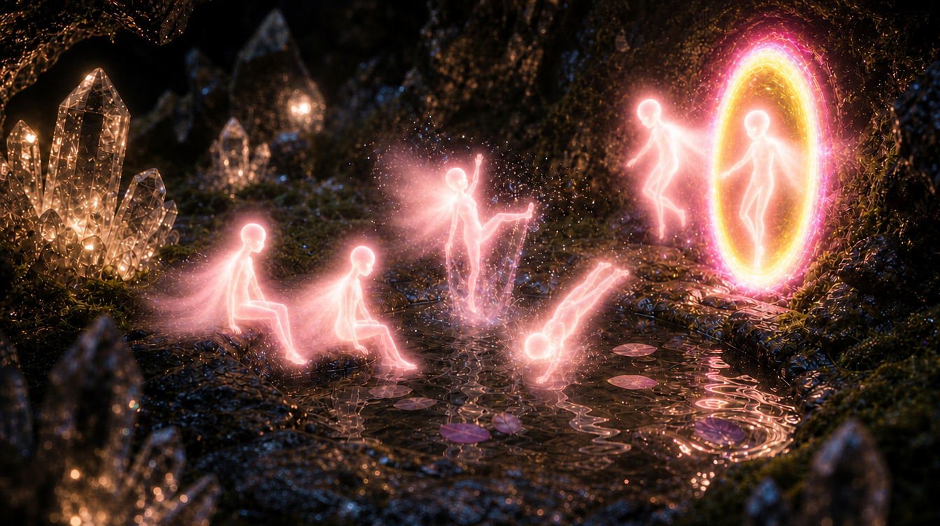 Six pink-glowing Eras fairies play in a mountain pool beside crystals and a glowing pink and yellow portal.