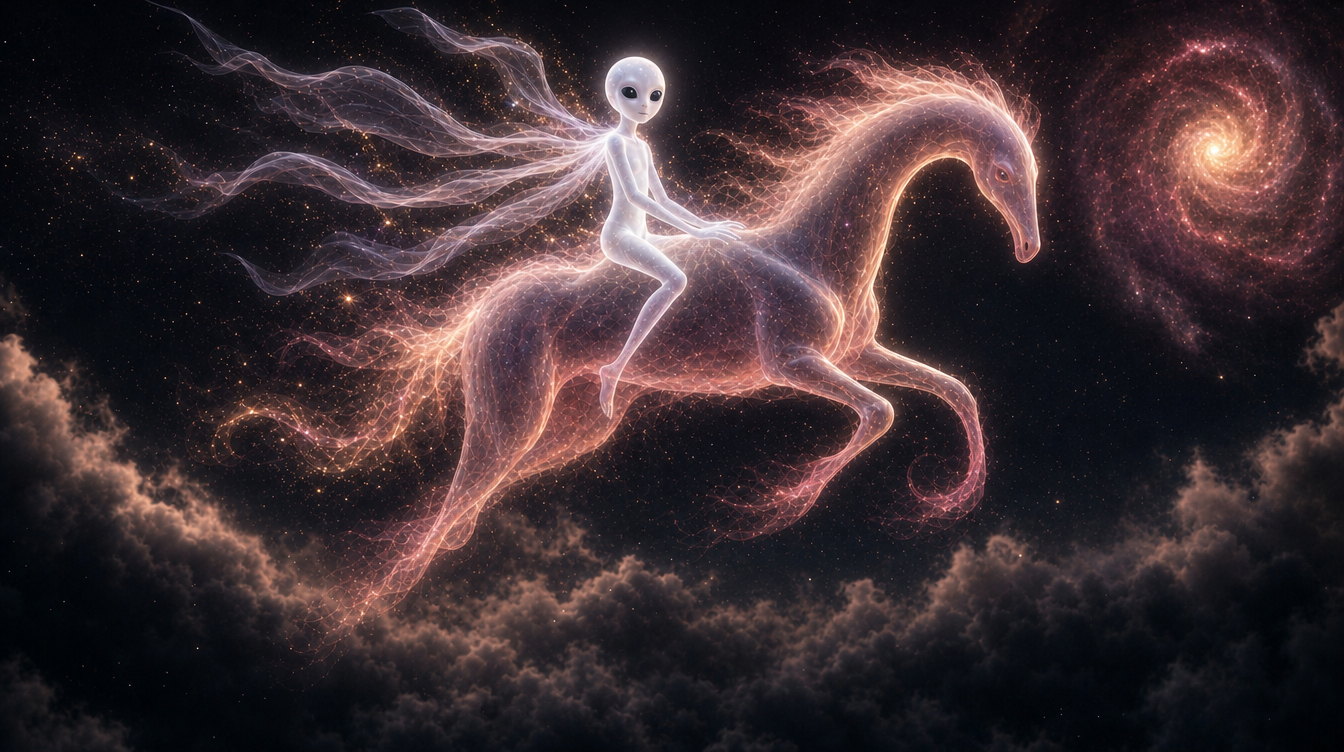 A pearl-white translucent fairy with a round head and large black eyes rides a glowing, horse-like light creature through clouds beneath a spiral galaxy.