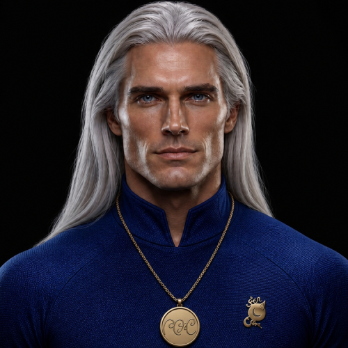 Ikai, a silver-haired man in a navy suit wearing a gold medallion necklace