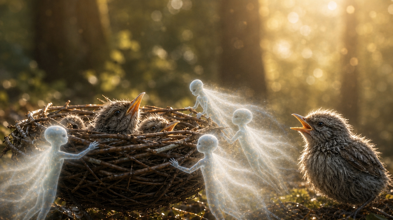 Tiny glowing fairies tend baby birds in a nest in warm forest light.