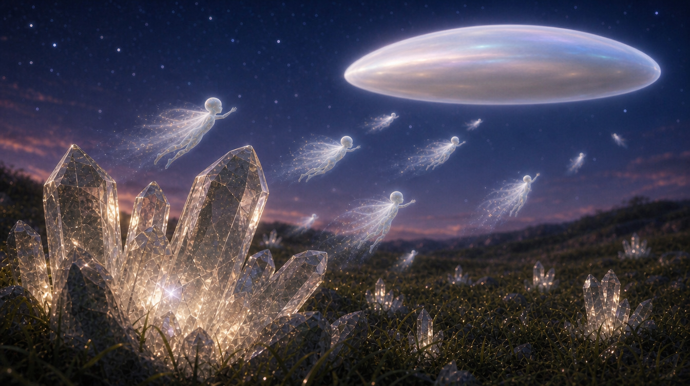 Glowing fairies fly over a field of crystals toward a hovering pearl-white Pleiadian disc craft.