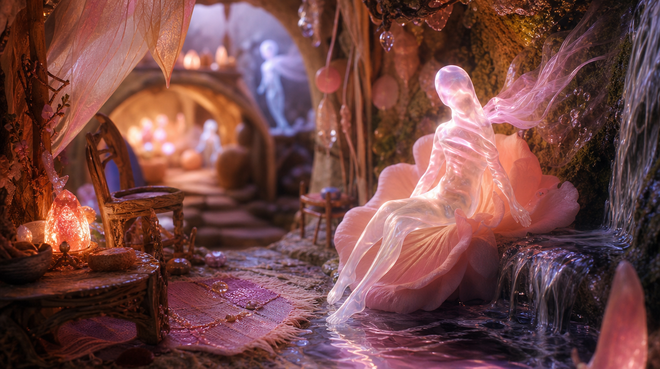 Tiny fairy homes of twigs, flowers and cloth inside a mountain, beside small pools and waterfalls.