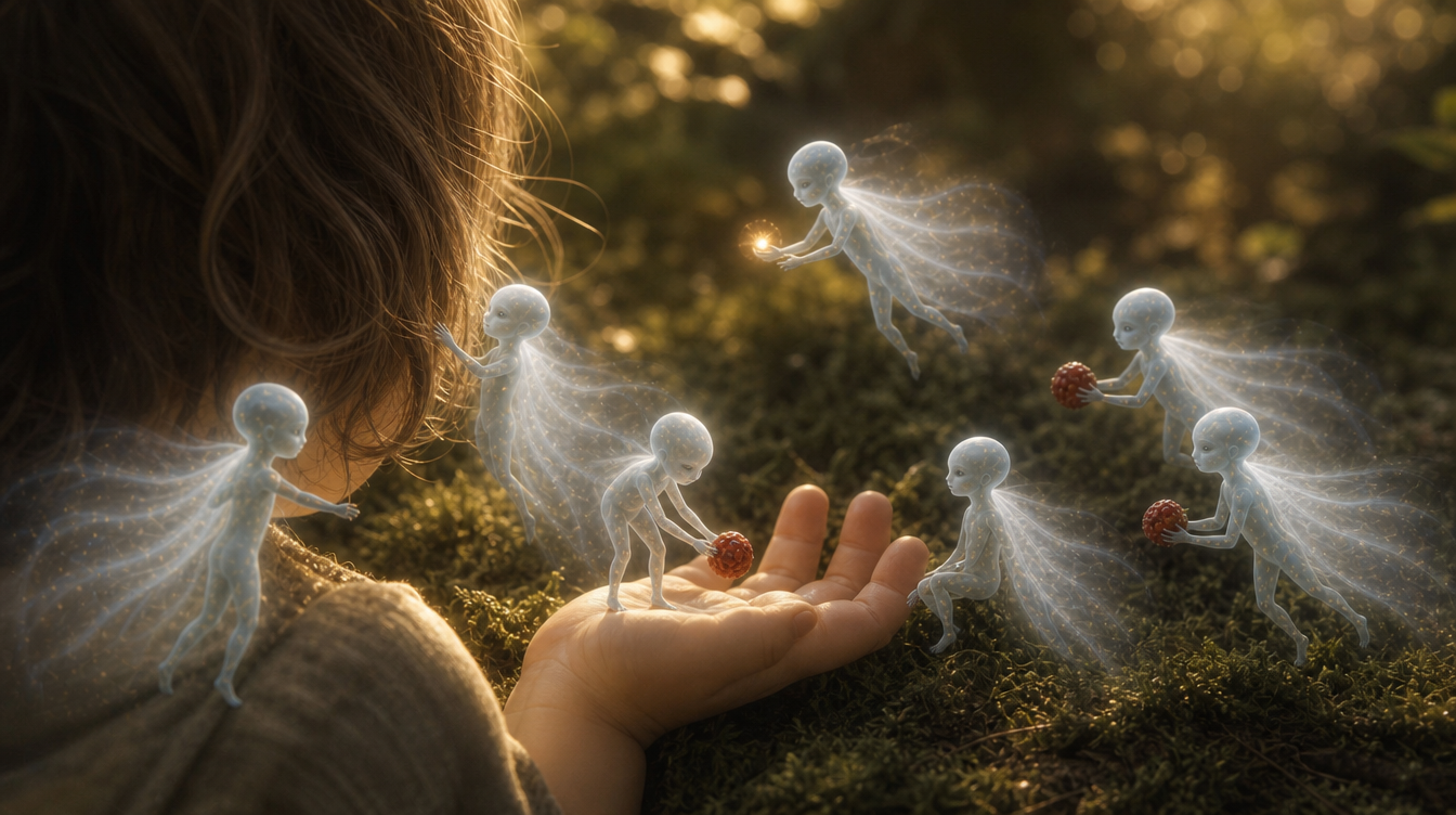 Over a toddler's shoulder, six small glowing fairies gather around the child's open hand.