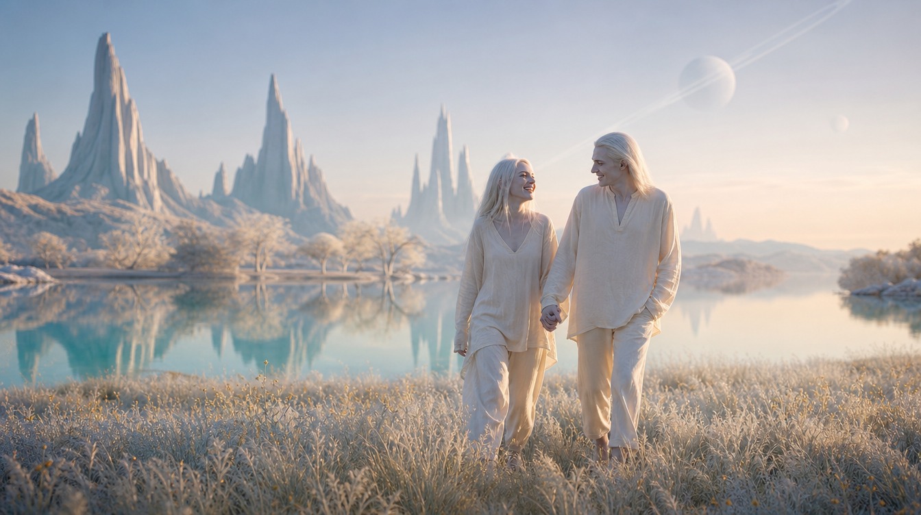 Two long-haired beings in light clothing walking beside still water, with pale spires behind them