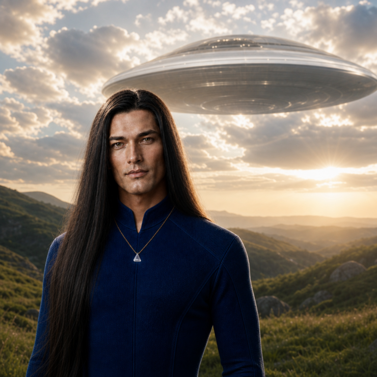 Sananda on a golden-hour hilltop beneath a Pleiadian mothership