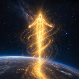 A radiant golden human soul ascending through a spiral of light in cosmic space.