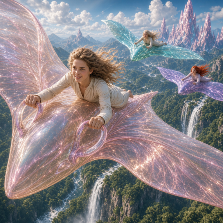 A Pleiadian rides an iridescent glider over the valleys and crystal mountains of Taygeta