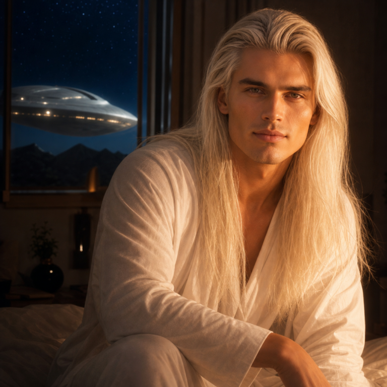 Neioh visits at night in a warm-lit bedroom, a Pleiadian mothership outside the window